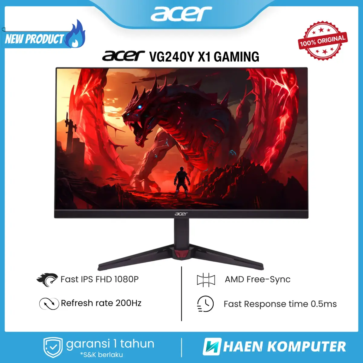 Monitor Acer VG240Y X1 Gaming 23.8 Inch IPS FHD 200Hz Speaker - Image 1